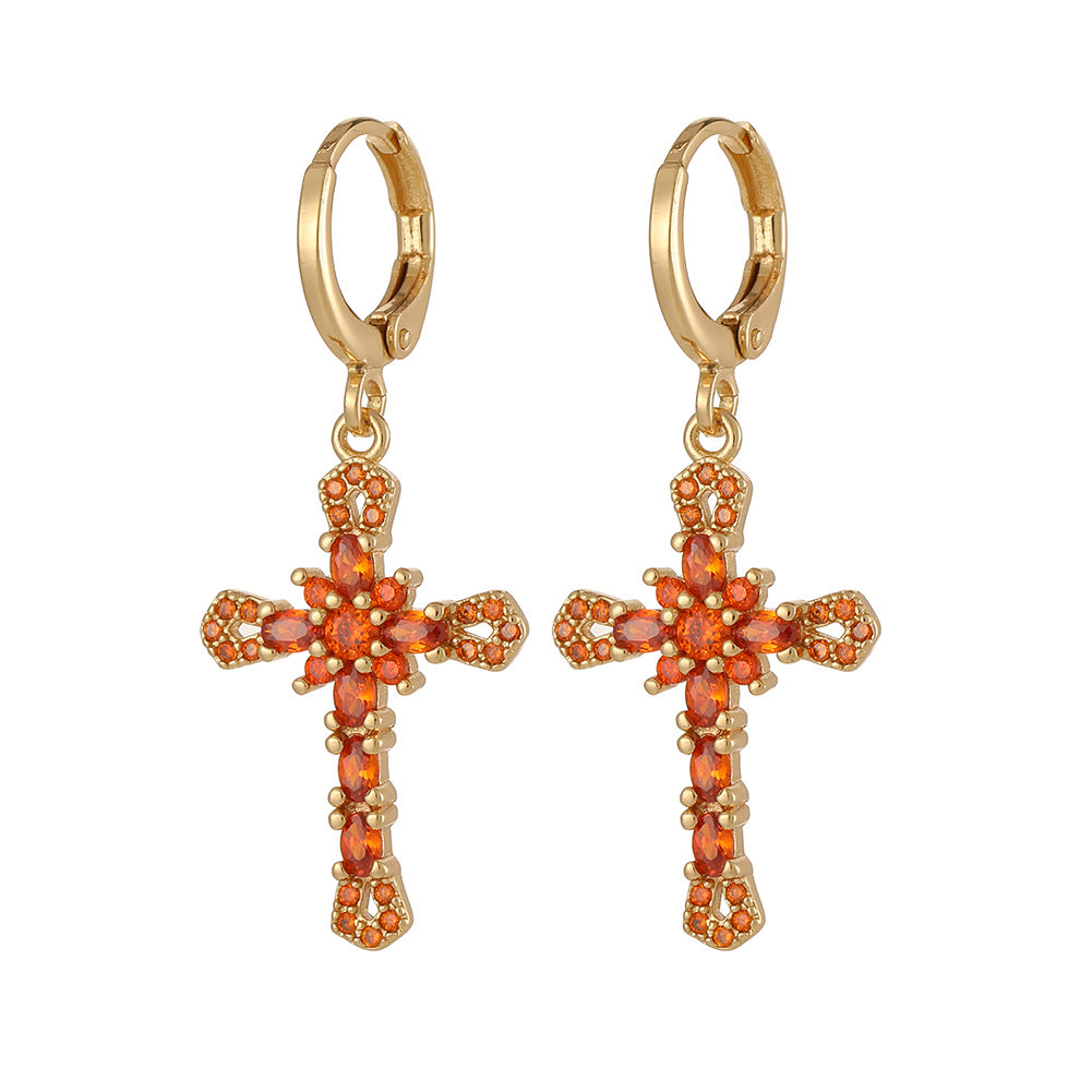 Wholesale Cross Vintage Geometric Copper Plated Real Gold Earrings